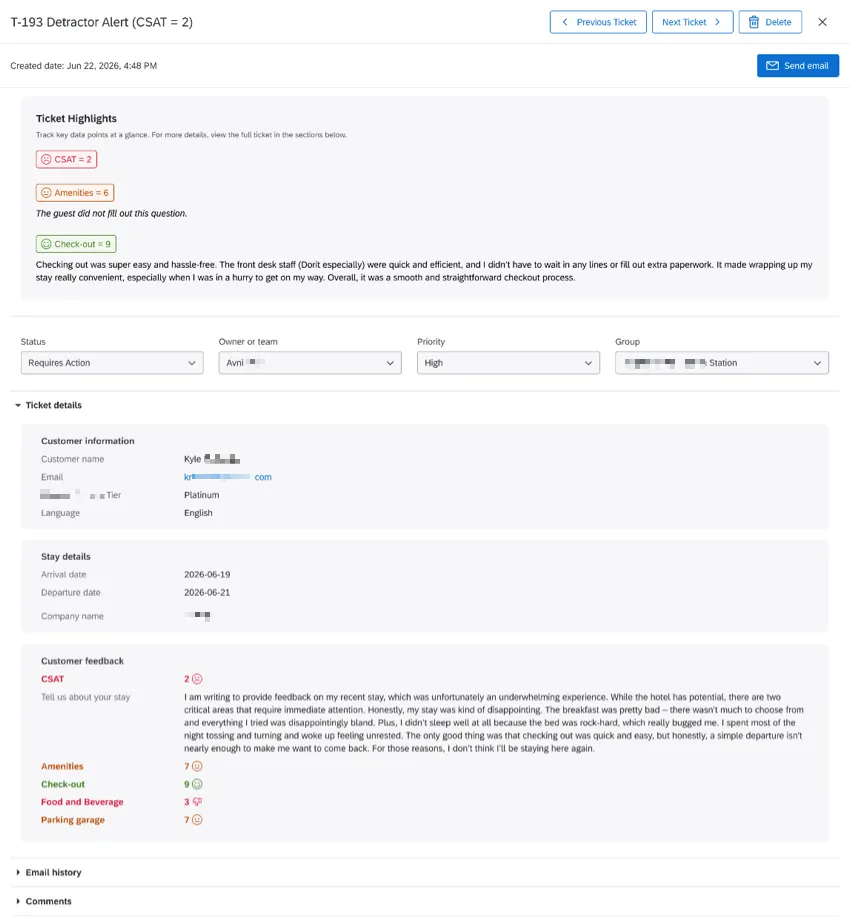 at the top of a ticket are highlighted metrics and comments. then into the rest of the ticket, showing the owner, priority, and assorted information such as the customer's name and assorted feedback they gave