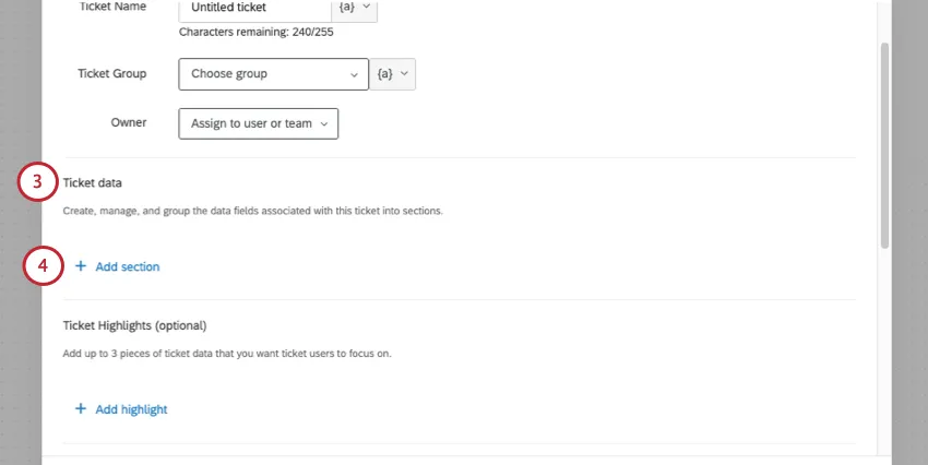 ticket data section of a tickets task