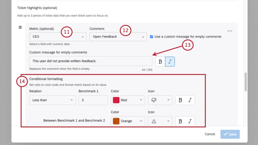 ticket highlights editor feature a metric being highlighted in different colors