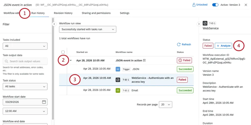 opening a failed workflow and clicking the Analyze button on the right