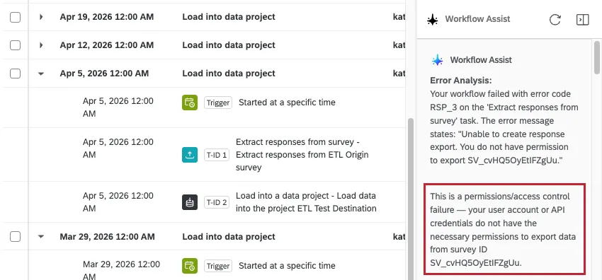 an AI chat transcript that explains the workflow failed because the user account lacks the API credentials or permissions to change a particular survey