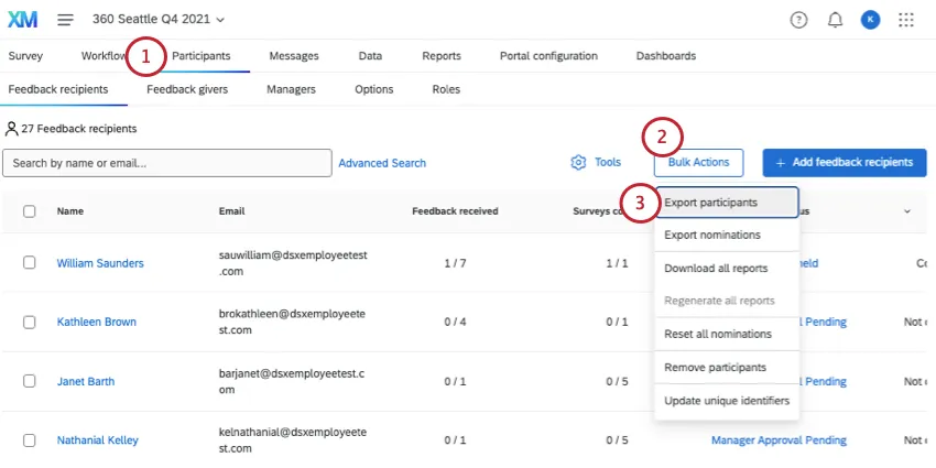 option to export participants in the bulk actions menu
