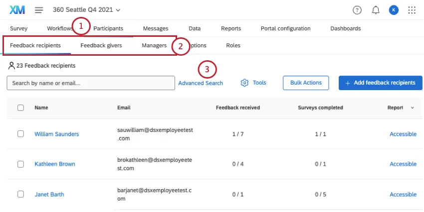 navigating the participants tab to find advanced search at the top