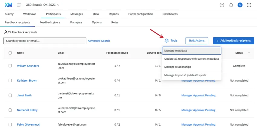 tools button in feedback recipients page