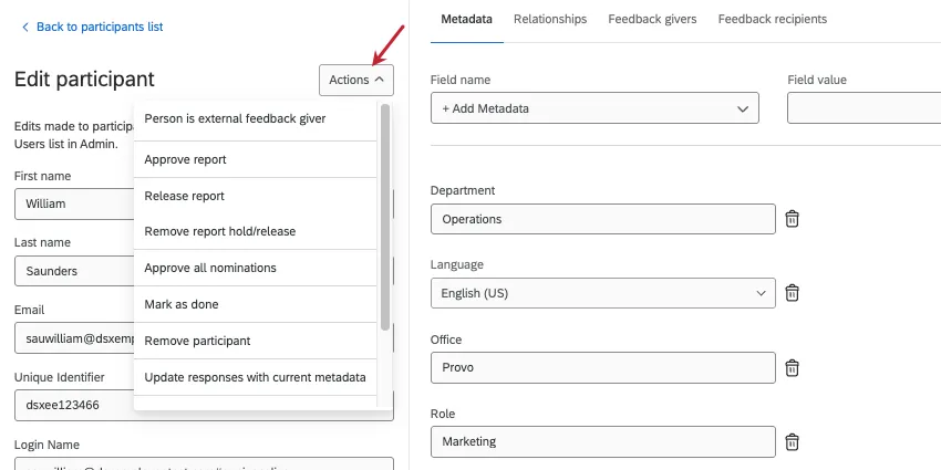 actions available from the actions menu