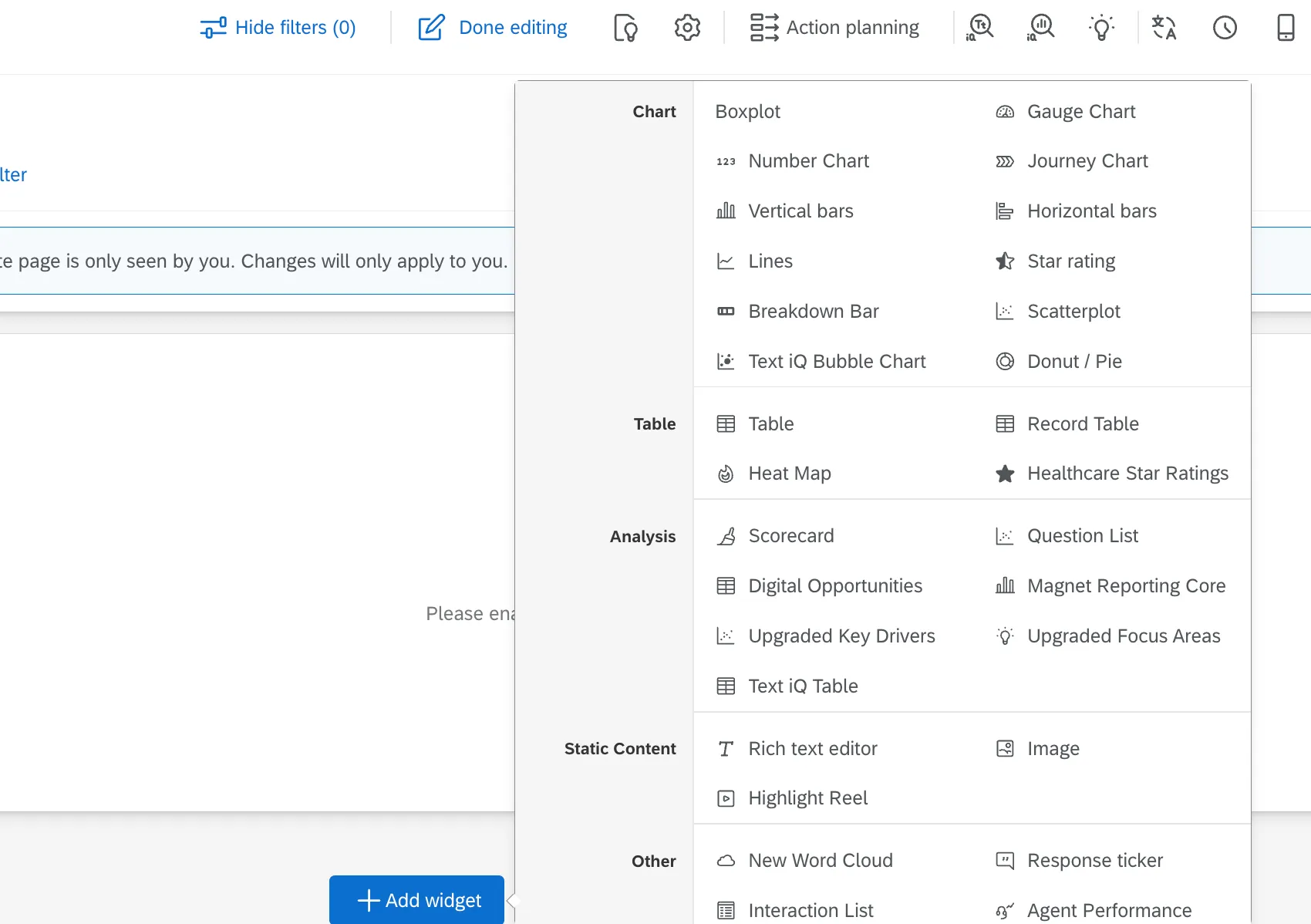 menu of available widgets to add to a dashboard page