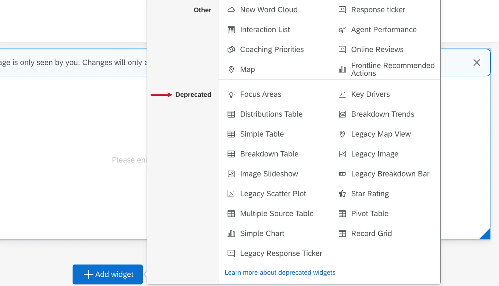 arrow pointing to the deprecated section of available dashboard widgets
