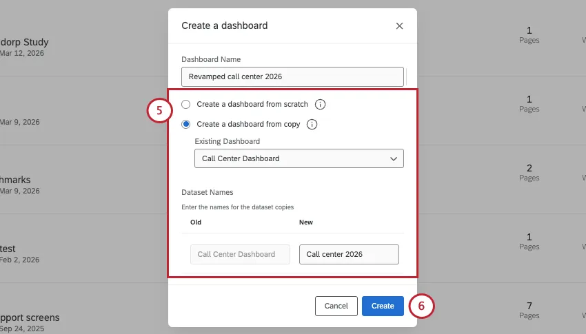 create a dashboard from a copy is selected, showing how you then select the exact dashboard and the dataset name