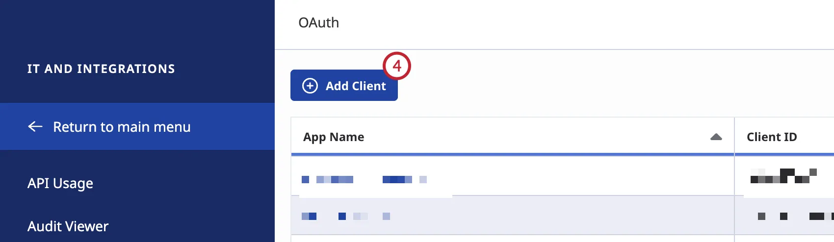 "add client" button highlighted