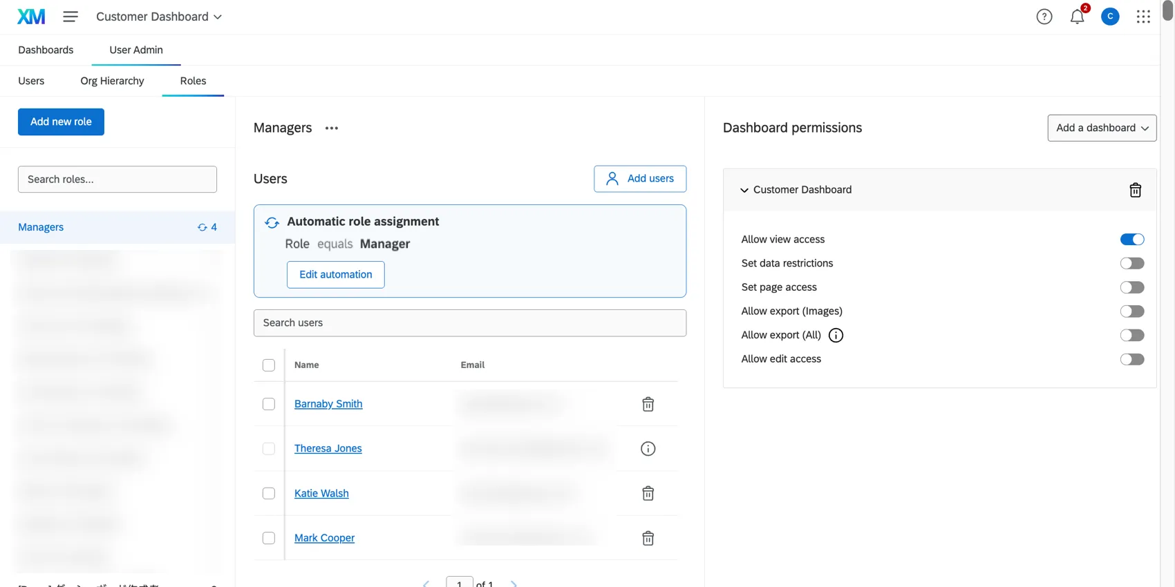 the roles tab of a cx dashboards project