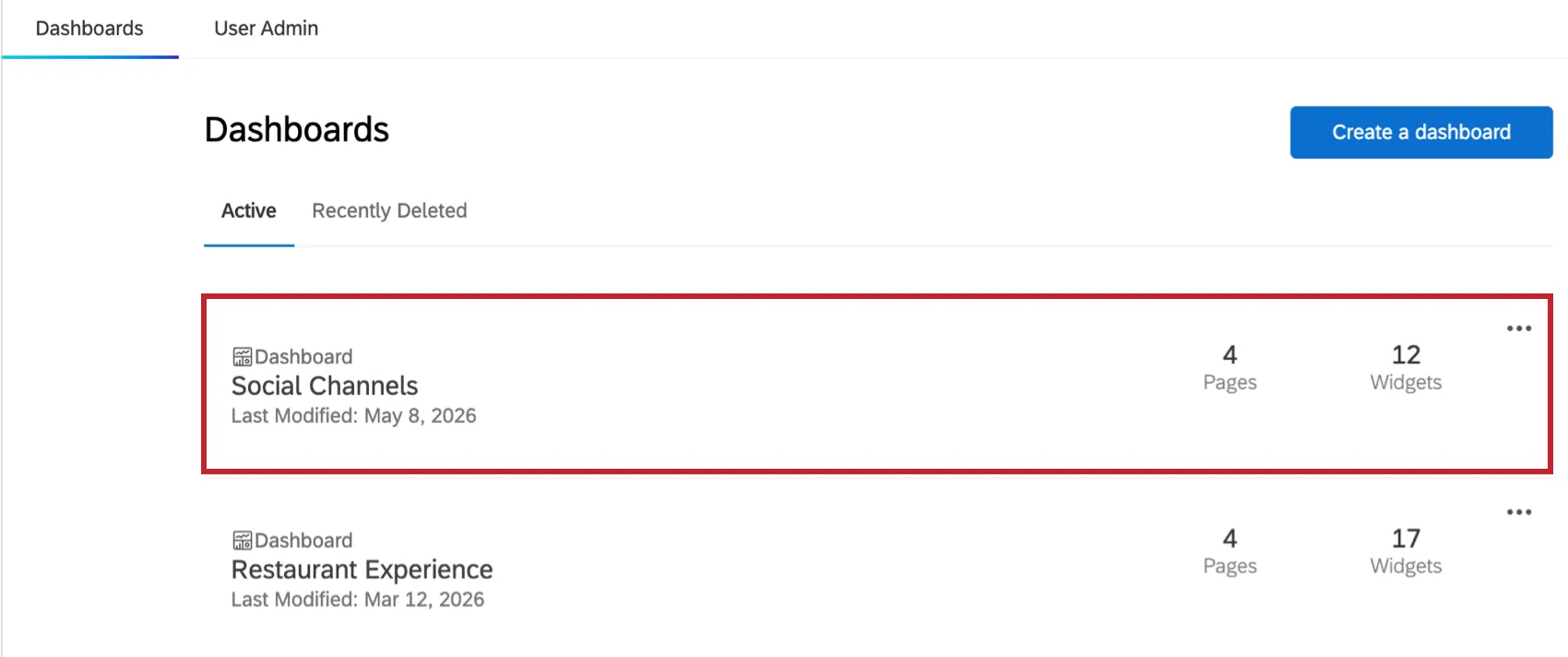 an individual dashboard highlighted within a dashboard project