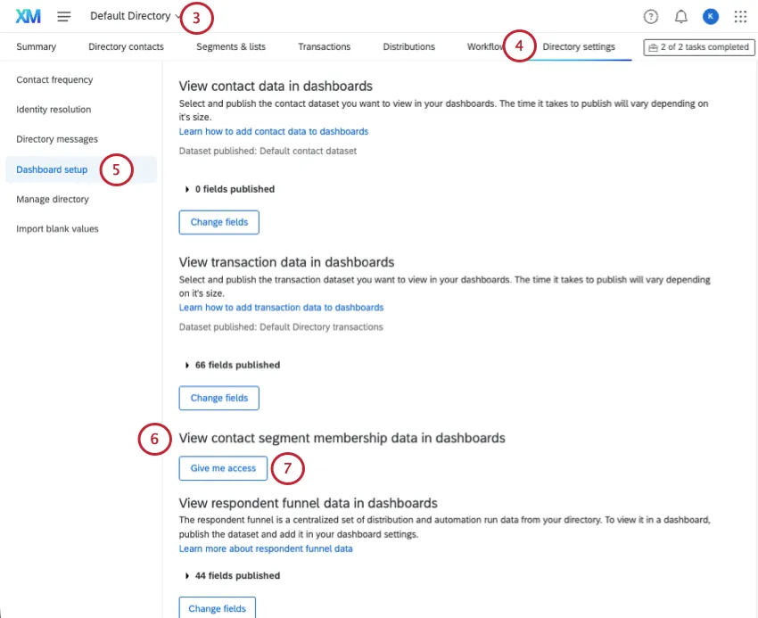 Dashboard setup tab of XM Directory Settings