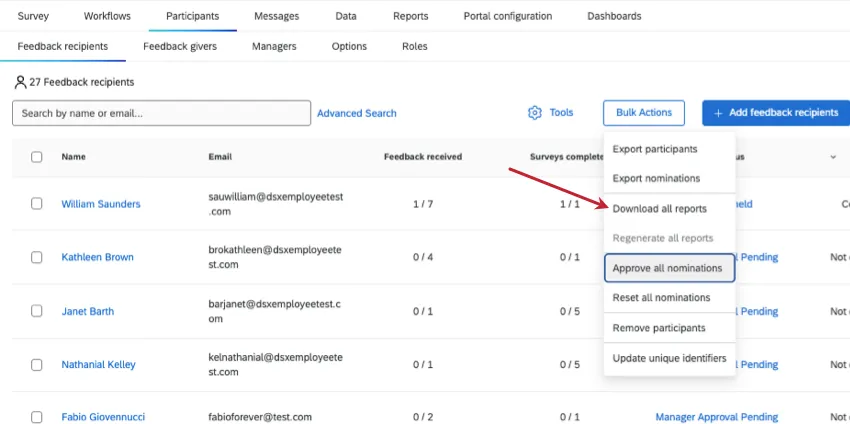 download all reports option in bulk actions