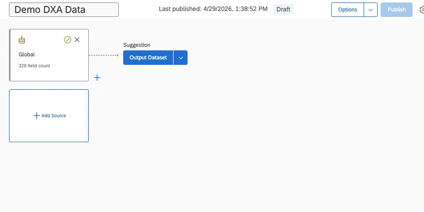 data model with a DXA source added. a suggestion recommends adding an output dataset