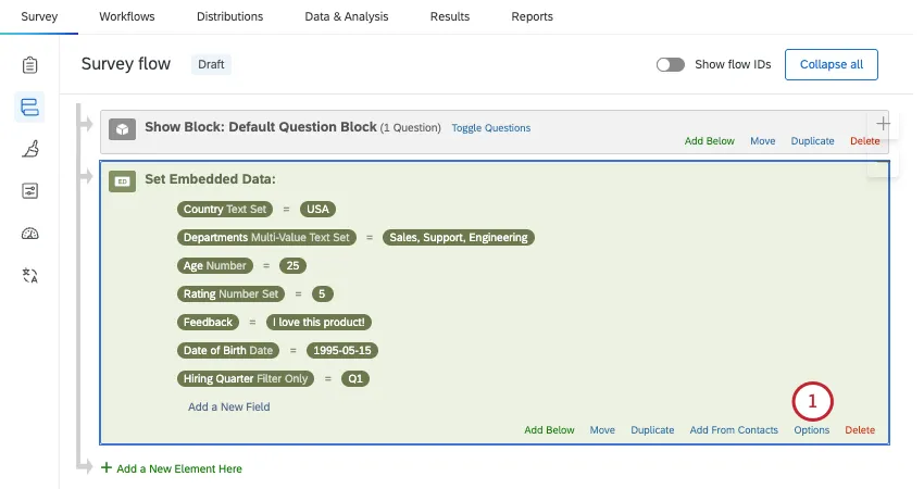 options button bottom of embedded data