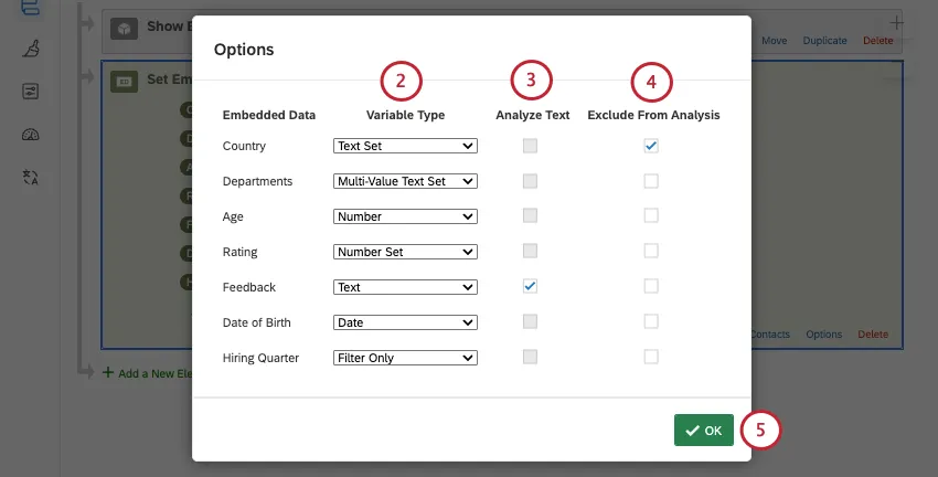 new modal opens named options with column for name, variable type, analyze text, and exclude from analysis