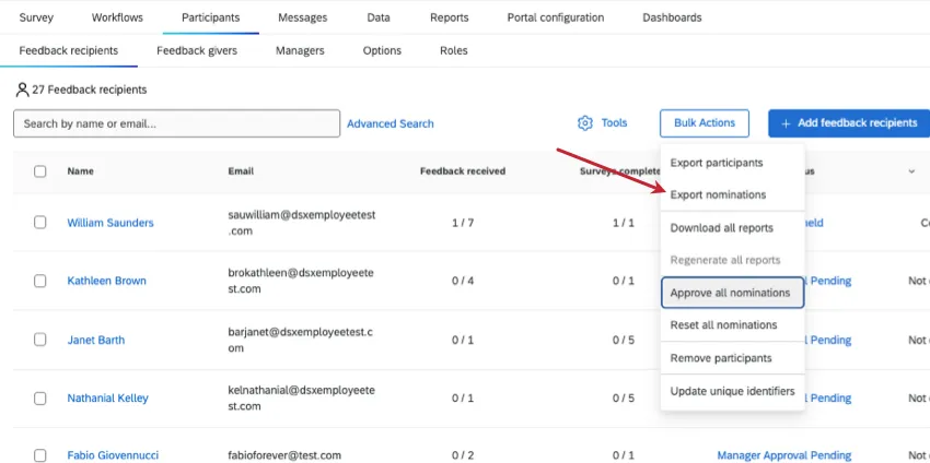 option in bulk actions to export nominations