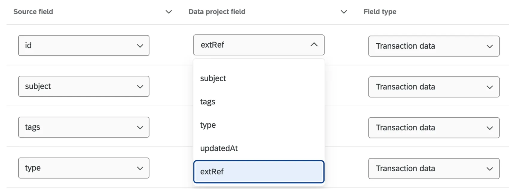 extRef field highlighted within data mapping