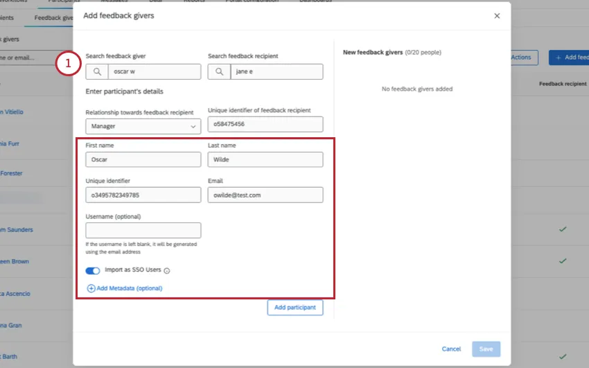 image of searching a feedback giver and what fields are filled out as a result