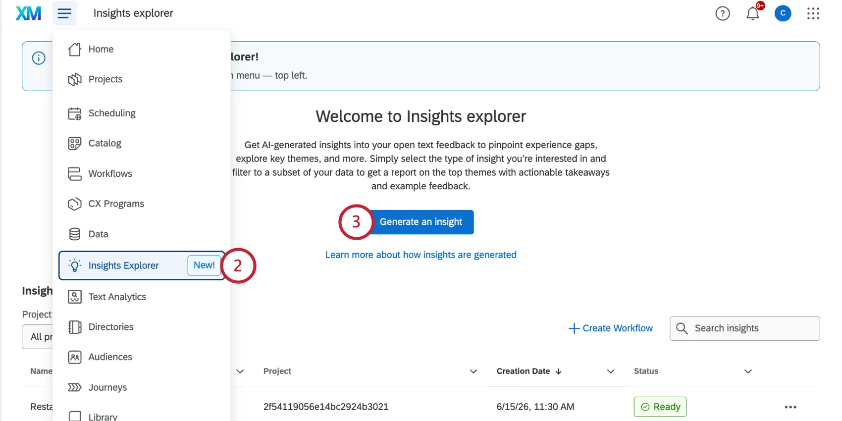 navigating to insights explorer to create a new insight