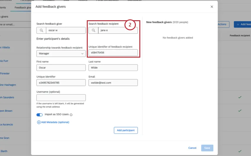 feedback recipient being entered for the giver you just added
