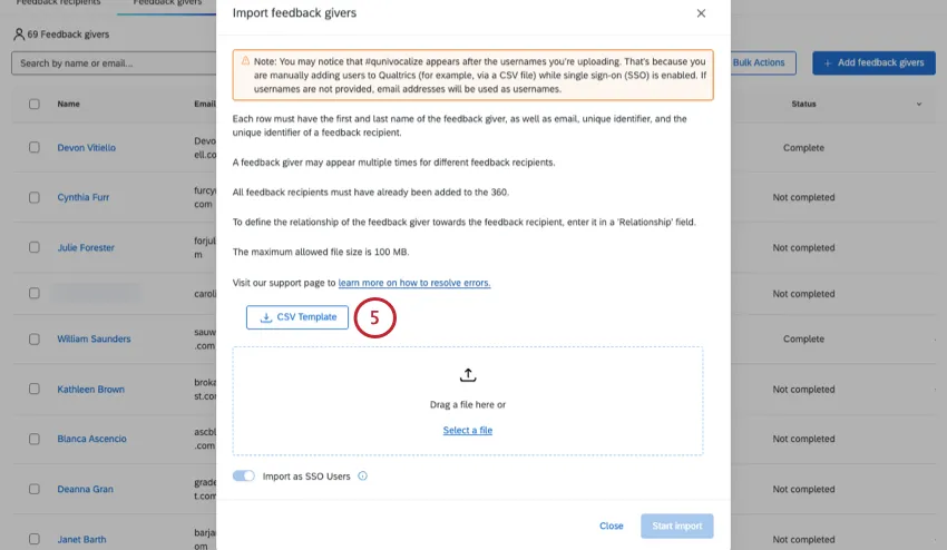 CSV template button in the 360 page