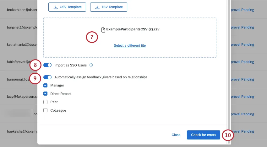 a file is uploaded and the options at the bottom of the screen for SSO users and automatic assignment are toggled