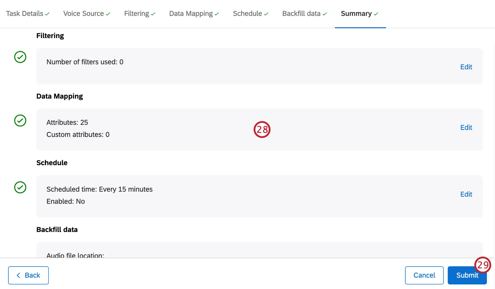 summary section of the project configuration, where you can review all the details