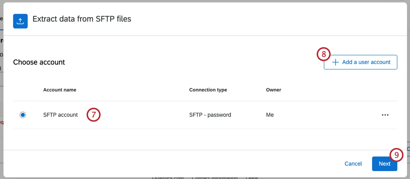 an existing SFTP account selected, with the option to enter credentials for a new one
