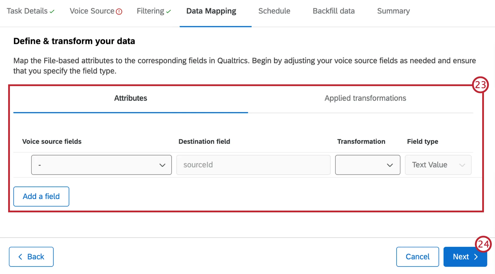 data mapping stage of the setup highlighted