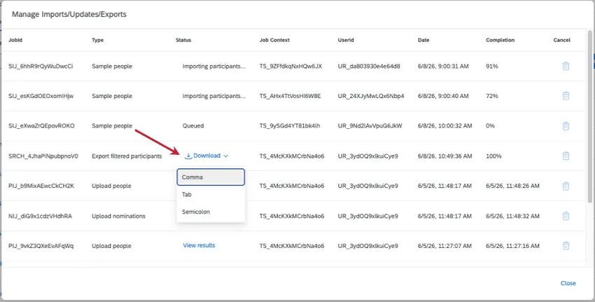 modal that opens with job statuses and history