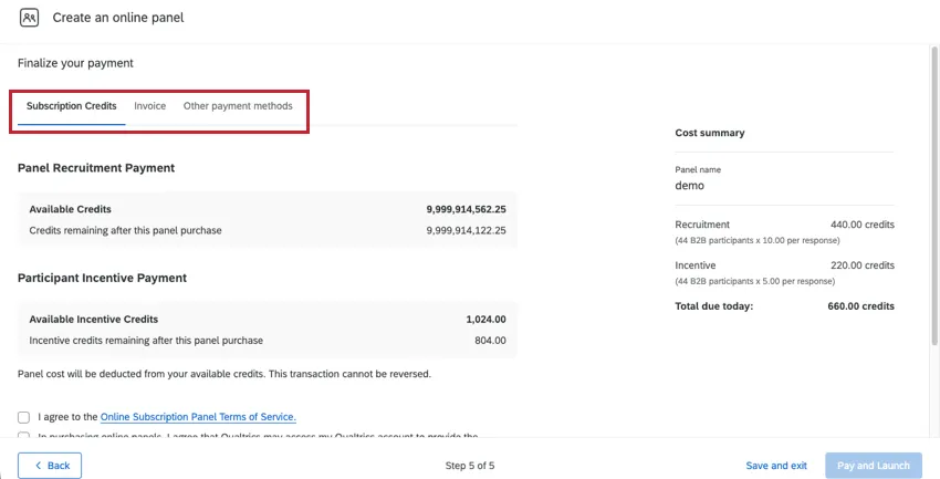 at the end when you select between subscription credits, invoice, and other payment methods