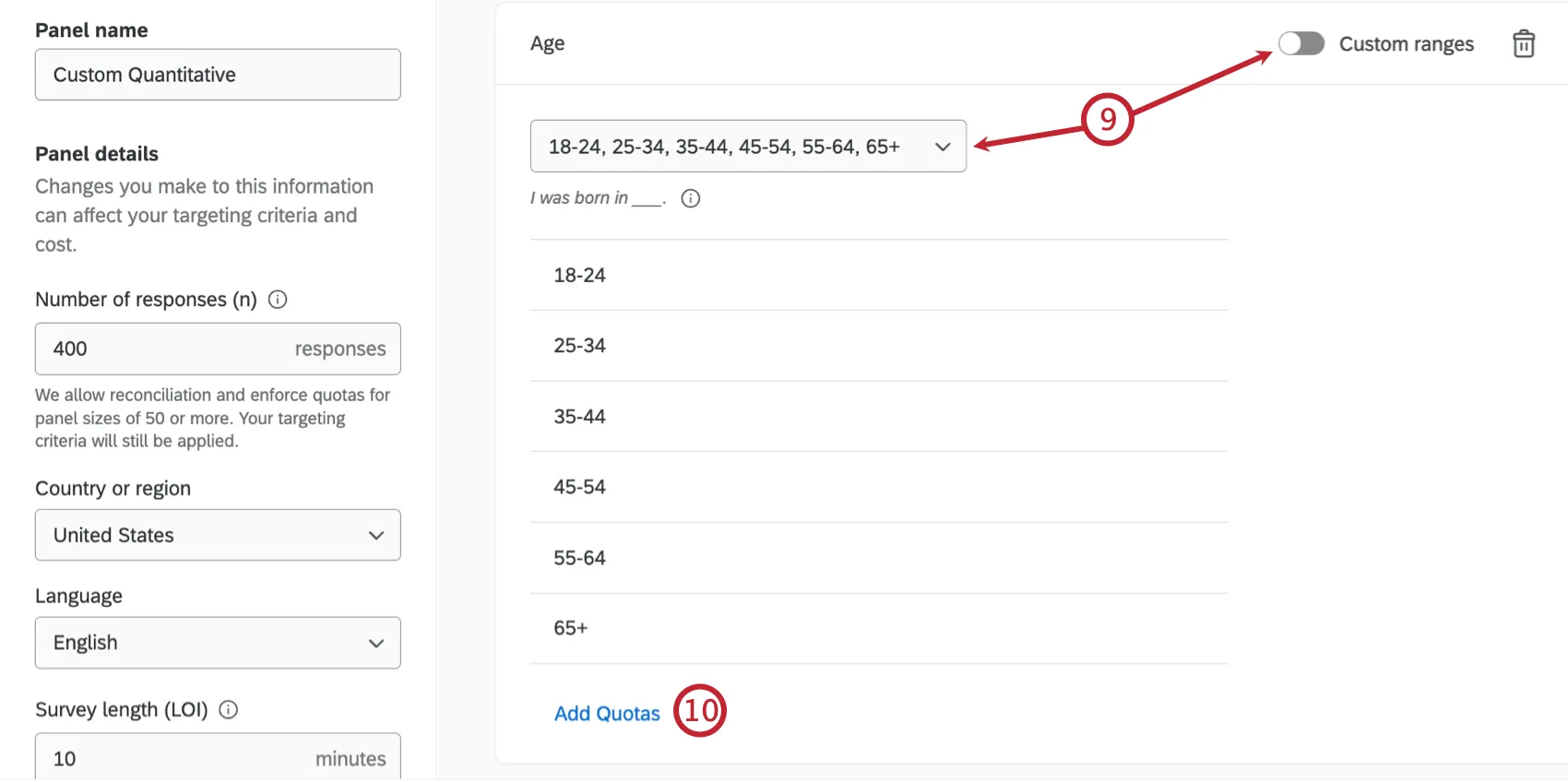arrows pointing to the "custom ranges" and "add quotas" buttons within a panel