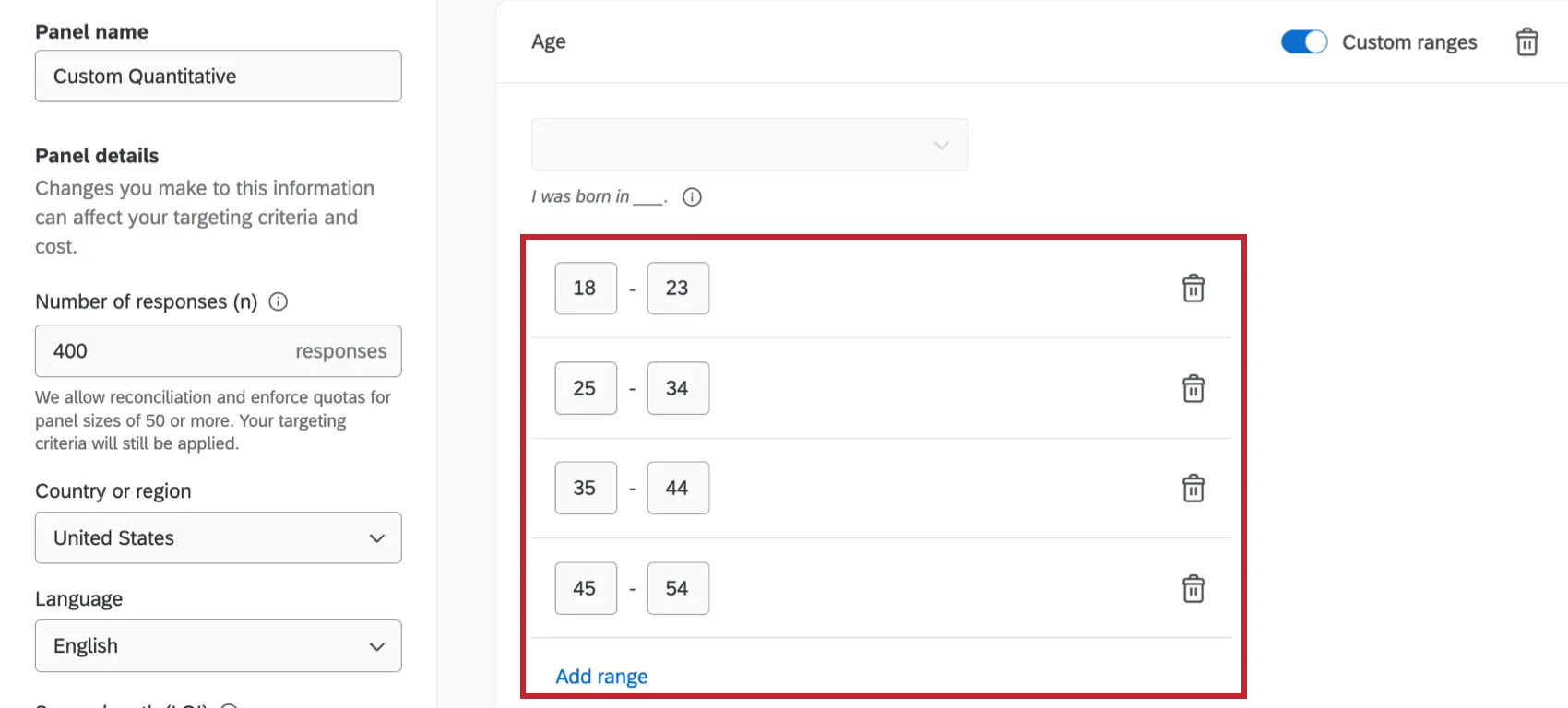 custom ranges of a criterion highlighted within the panel editor