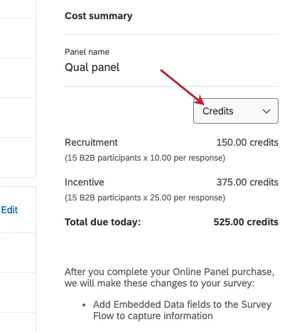 menu for switching between types of costs