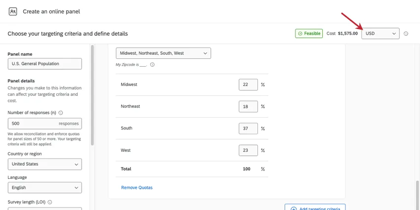 menu in upper right of a quantitative panel where you can switch between USD and credits