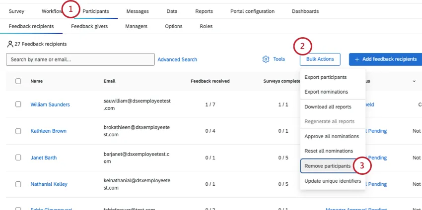 removing participants under the bulk actions. no participants are selected in this screenshot