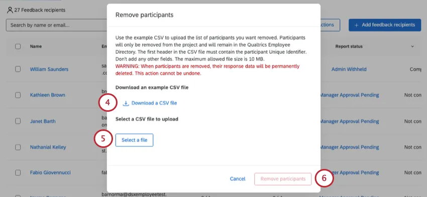 modal with example CSV to download and place to add your own file
