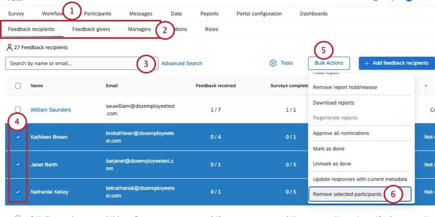 selecting participants and then selecting remove from the bulk actions menu