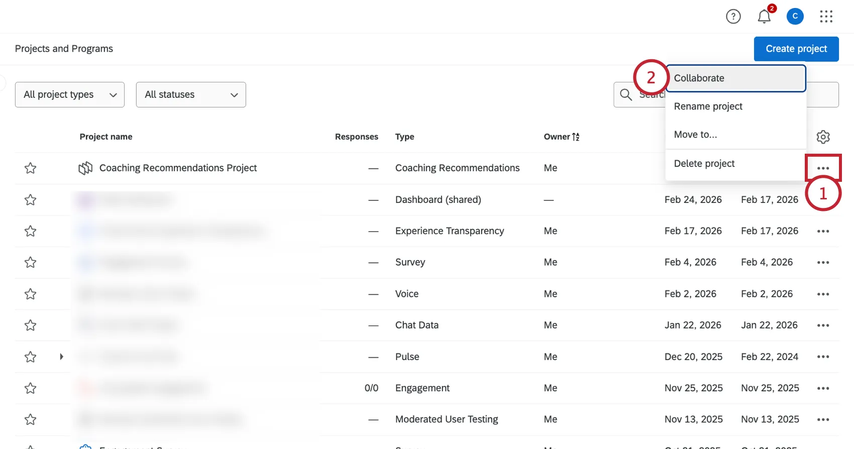 selecting collaborate from the project options menu
