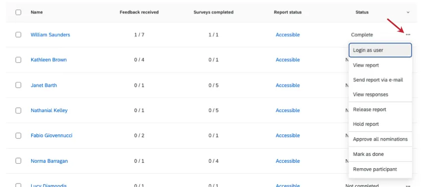 optiuons that appear when you open the menu next to a feedback recipient