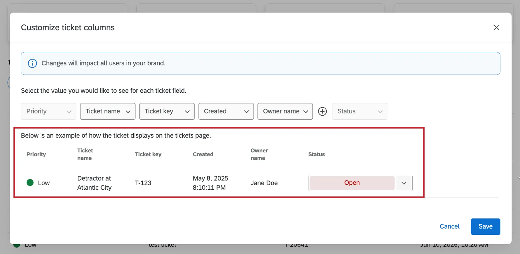 viewing the selected ticket columns