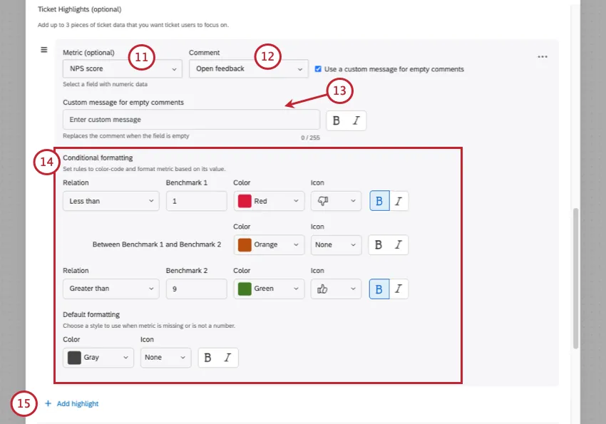 detailed highlight settings for an NPS score