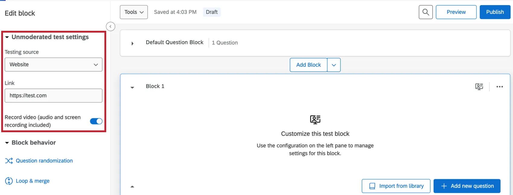 test settings highlighted within the survey editor