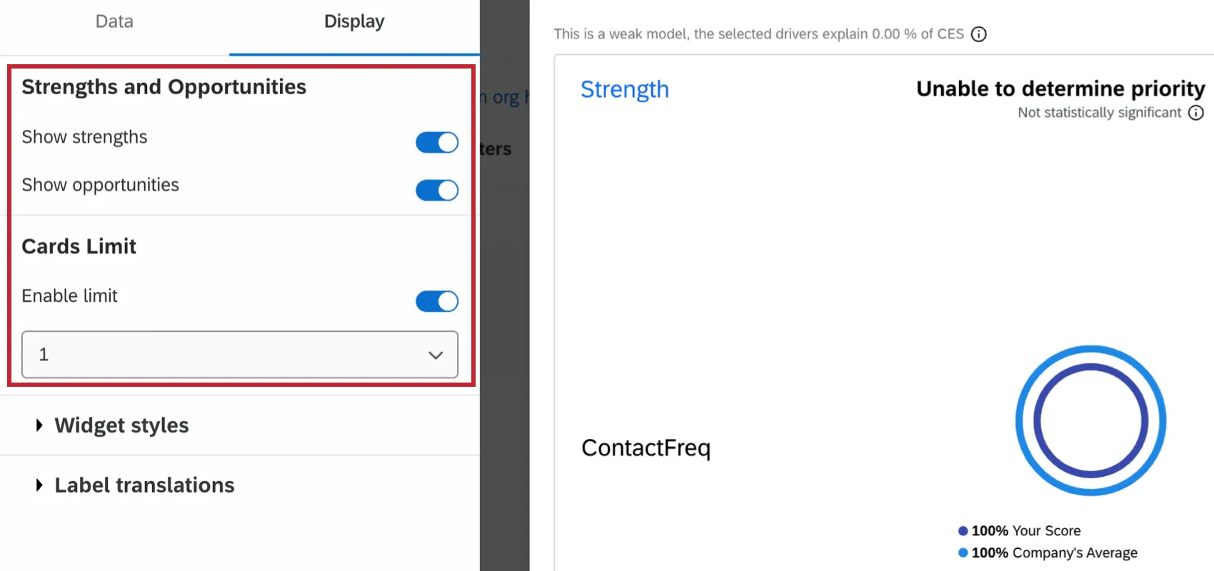 display options for the focus areas widget highlighted