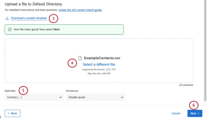 page named upload a file to default directory. steps to upload, a sample file to download, and places to upload and format a file