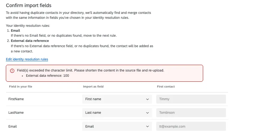 red error message about a field exceeding a limit, prevent the contact file upload