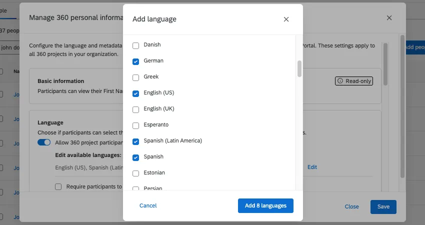 new modal opens with language selection