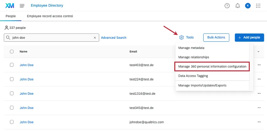 tools menu in the employee directory is open and Manage 360 personal information configuration is highlighted 