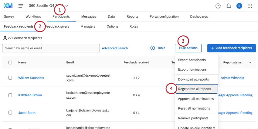 regenerate option in the participants tab bulk actions